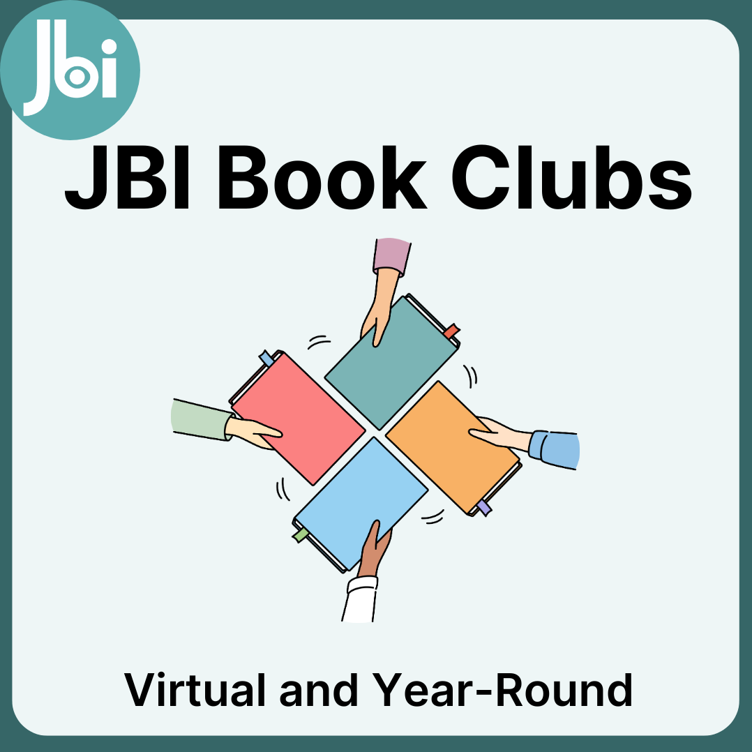 An animation of four hands holding books that meet in the center. Text states 'JBI Book Clubs: Virtual and Year-Round'