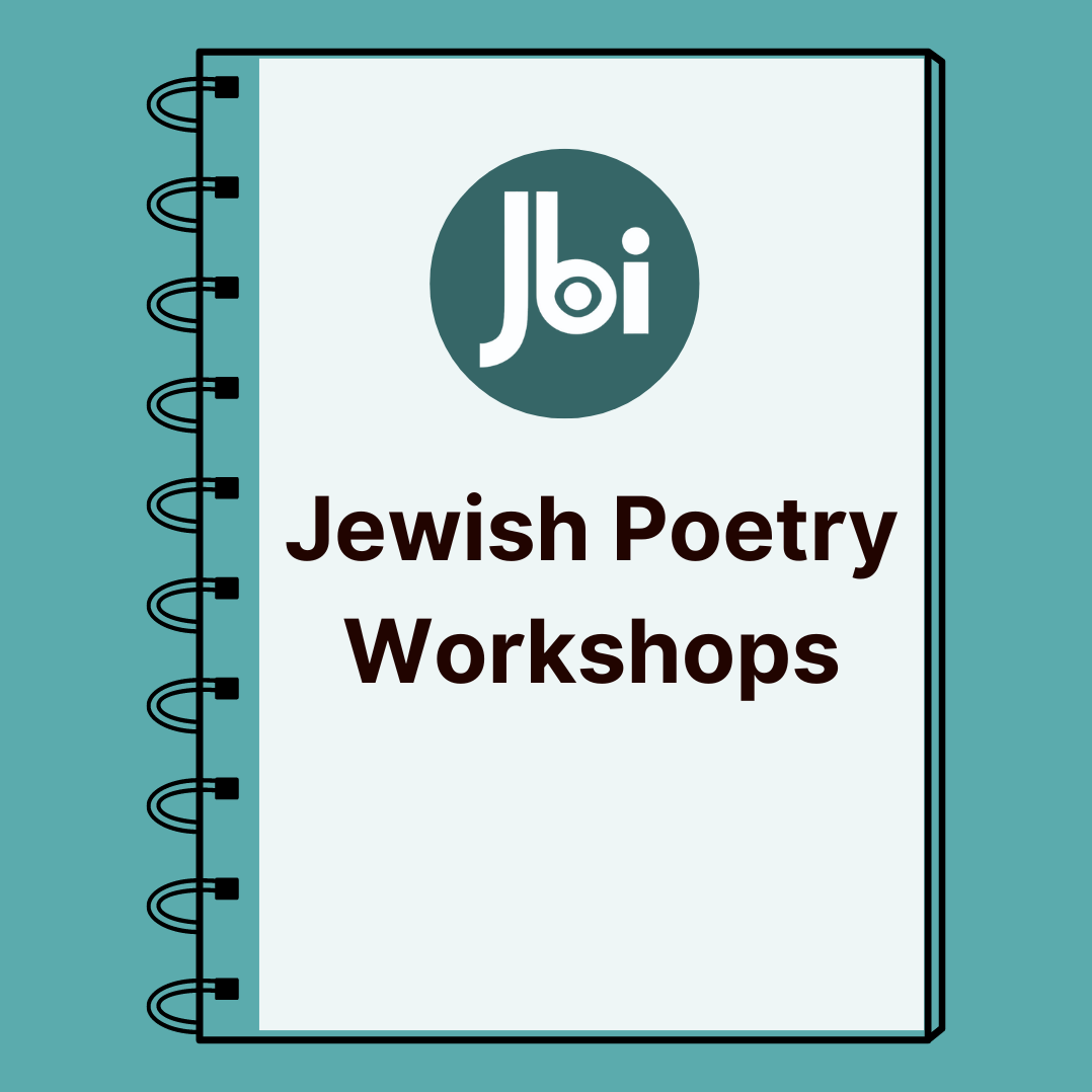 A black outline of a notebook with the JBI logo top of center. Text states 'Jewish Poetry Workshops'