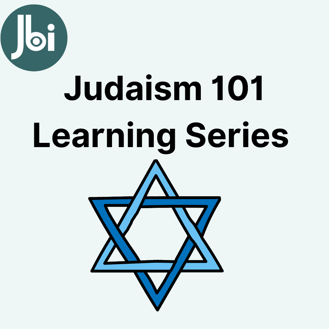 On a light blue background, the text states 'Judaism 101 Learning Series' with a dark and light blue Jewish star below